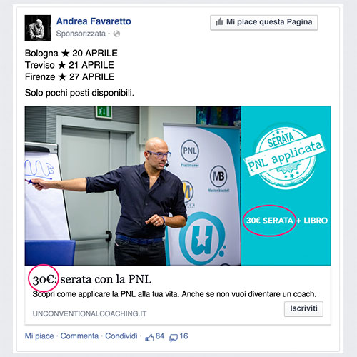 copy facebook ads menzionare il prezzo