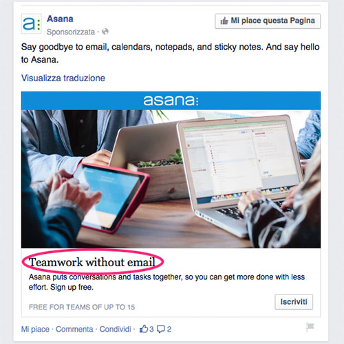 esempio facebook ads asana