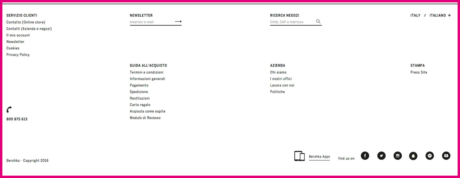esempio footer sito bershka