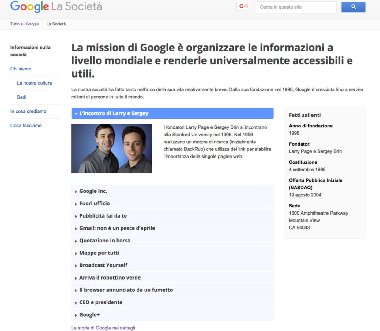 esempio sezione About Google 